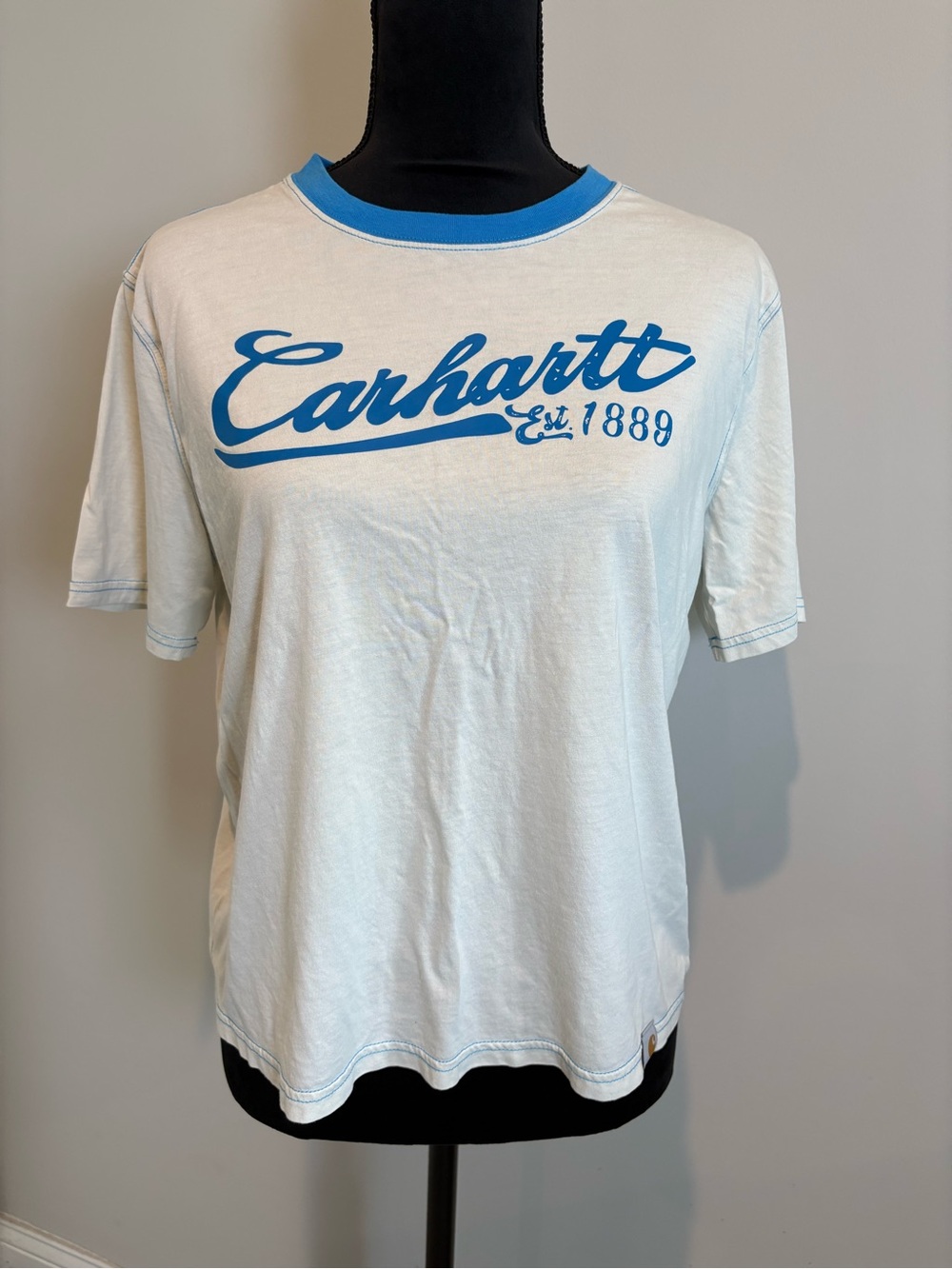 EUC Carhartt Cream and Light Blue Logo Ringer Graphic Tee Loose Fit Size Small